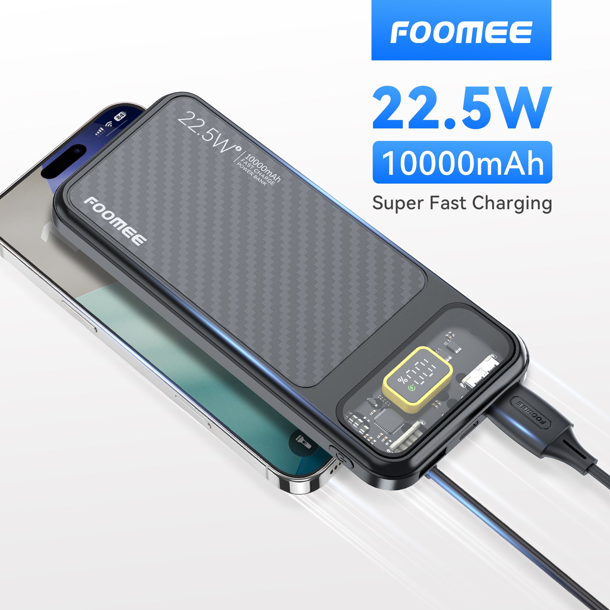 FOOMEE 10000mAh 22.5W Fast Charging Power Bank,Ultra Slim Portable Charger with LED Display, Dual USB & Type-C