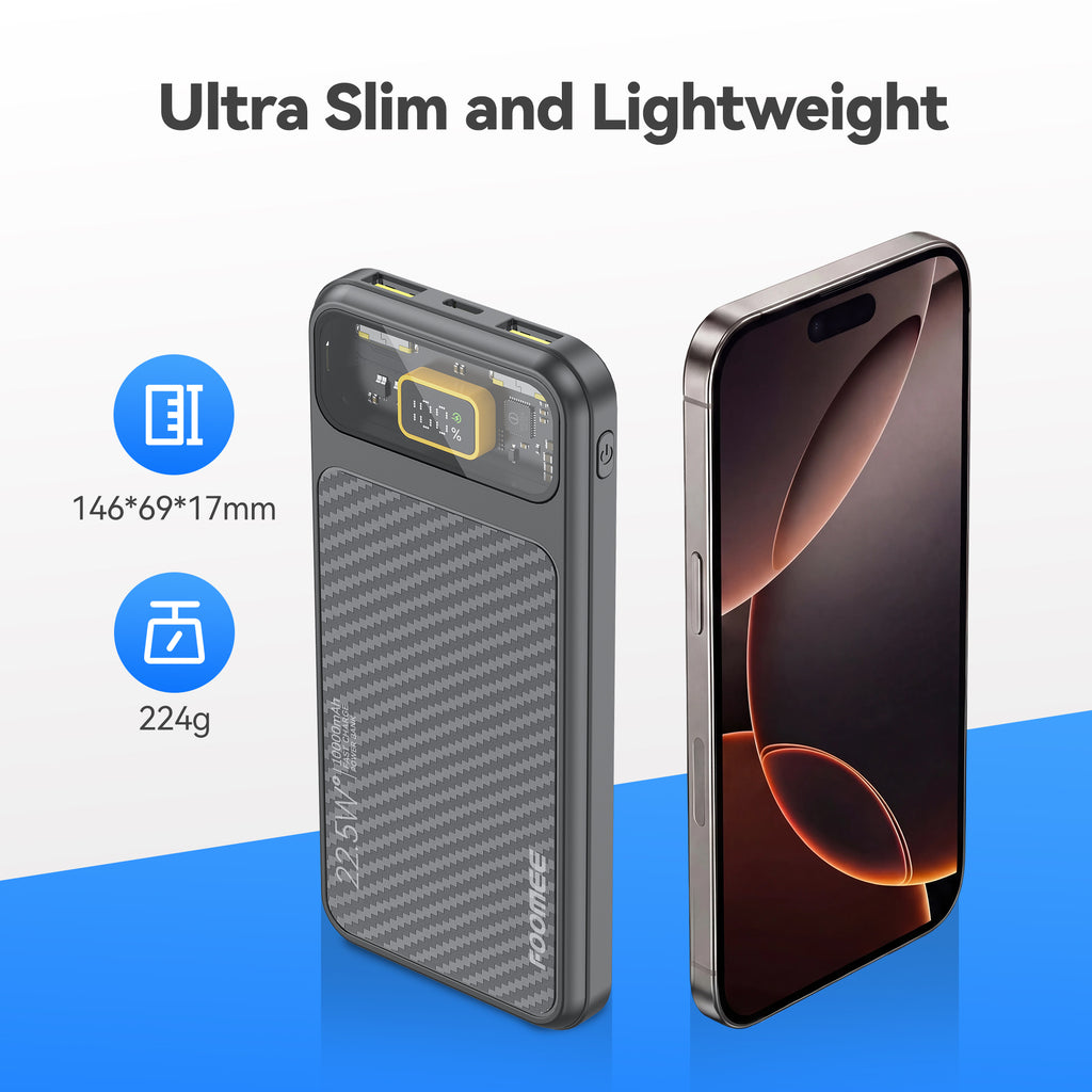 FOOMEE 10000mAh 22.5W Fast Charging Power Bank,Ultra Slim Portable Charger with LED Display, Dual USB & Type-C