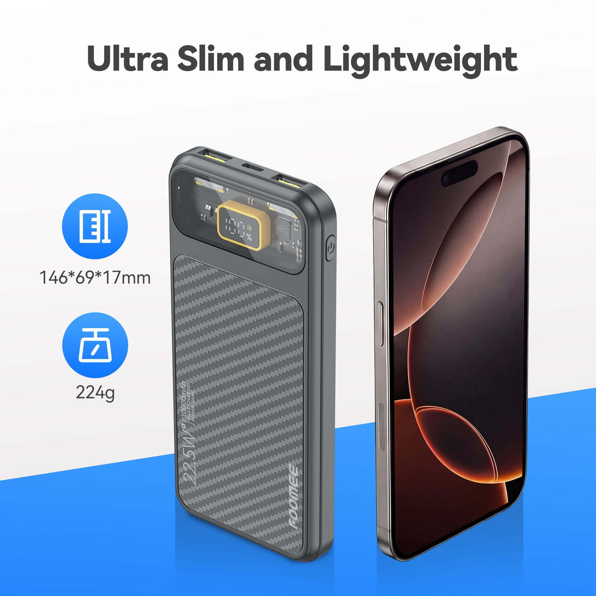 FOOMEE 10000mAh 22.5W Fast Charging Power Bank,Ultra Slim Portable Charger with LED Display, Dual USB & Type-C
