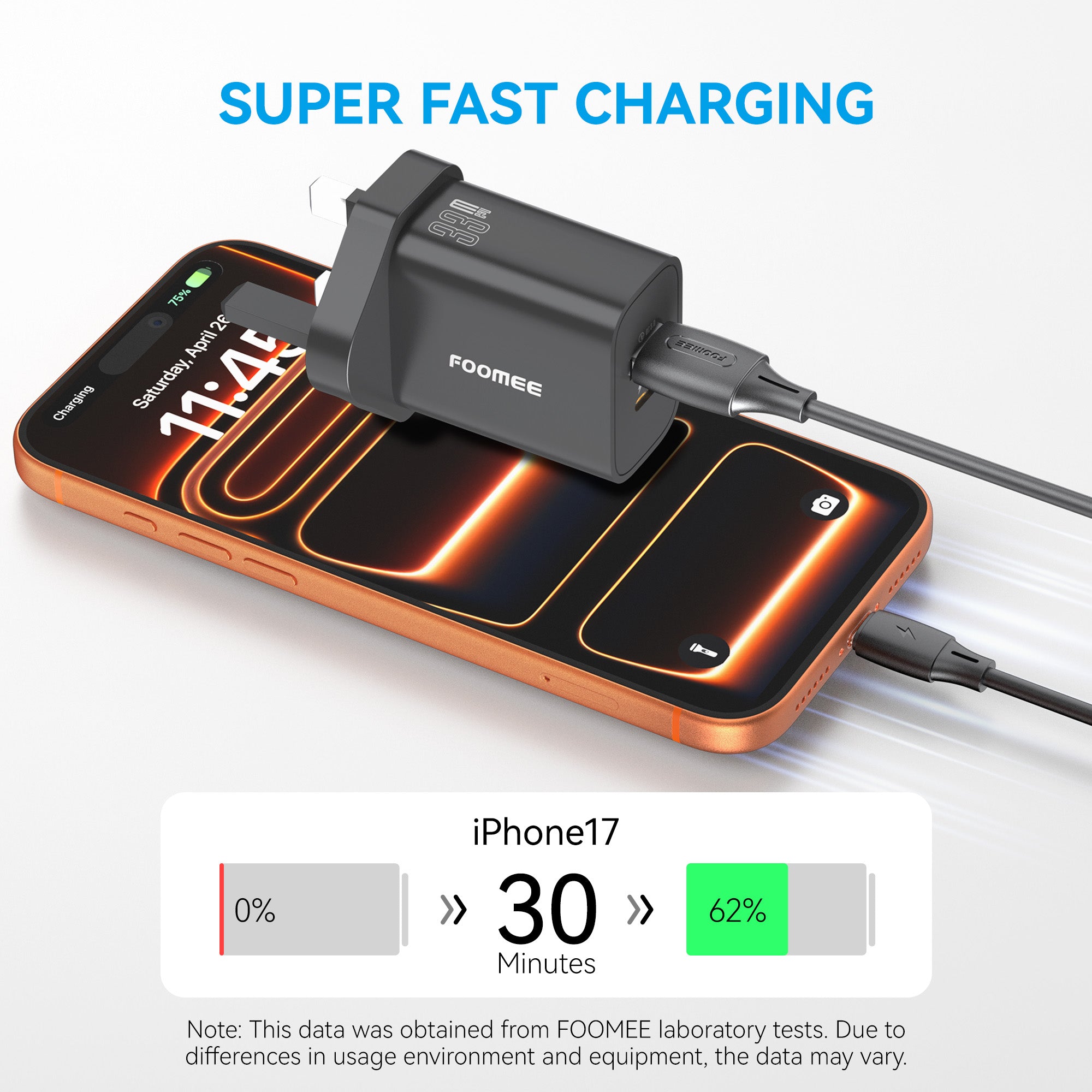 FOOMEE 33W GaN Super Fast Charger,USB-A & Type-C Dual Output,With Free Type-C Cable,for Iphone,Android,etc.