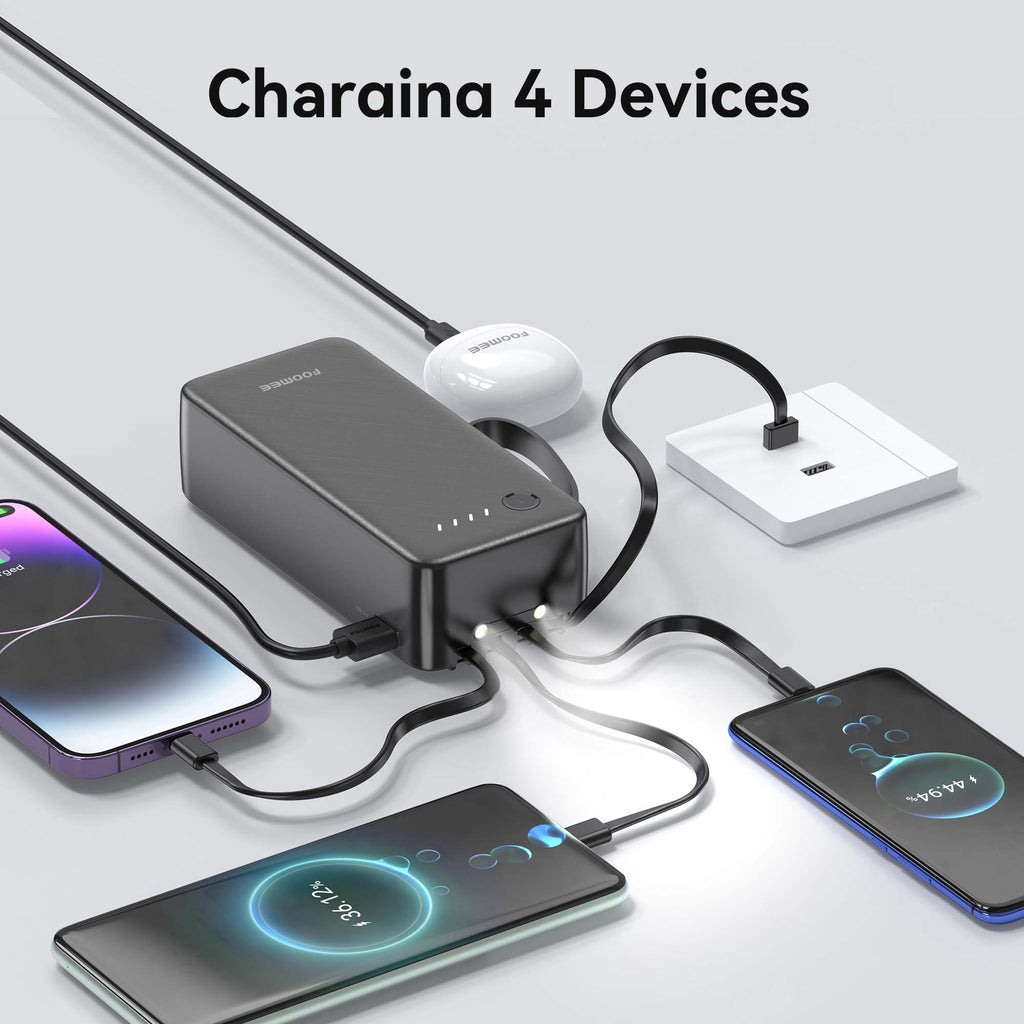 FOOMEE 30000mAh Portable Power Bank,Dual Light,Built-in Type-C Cable,5 Output AB35
