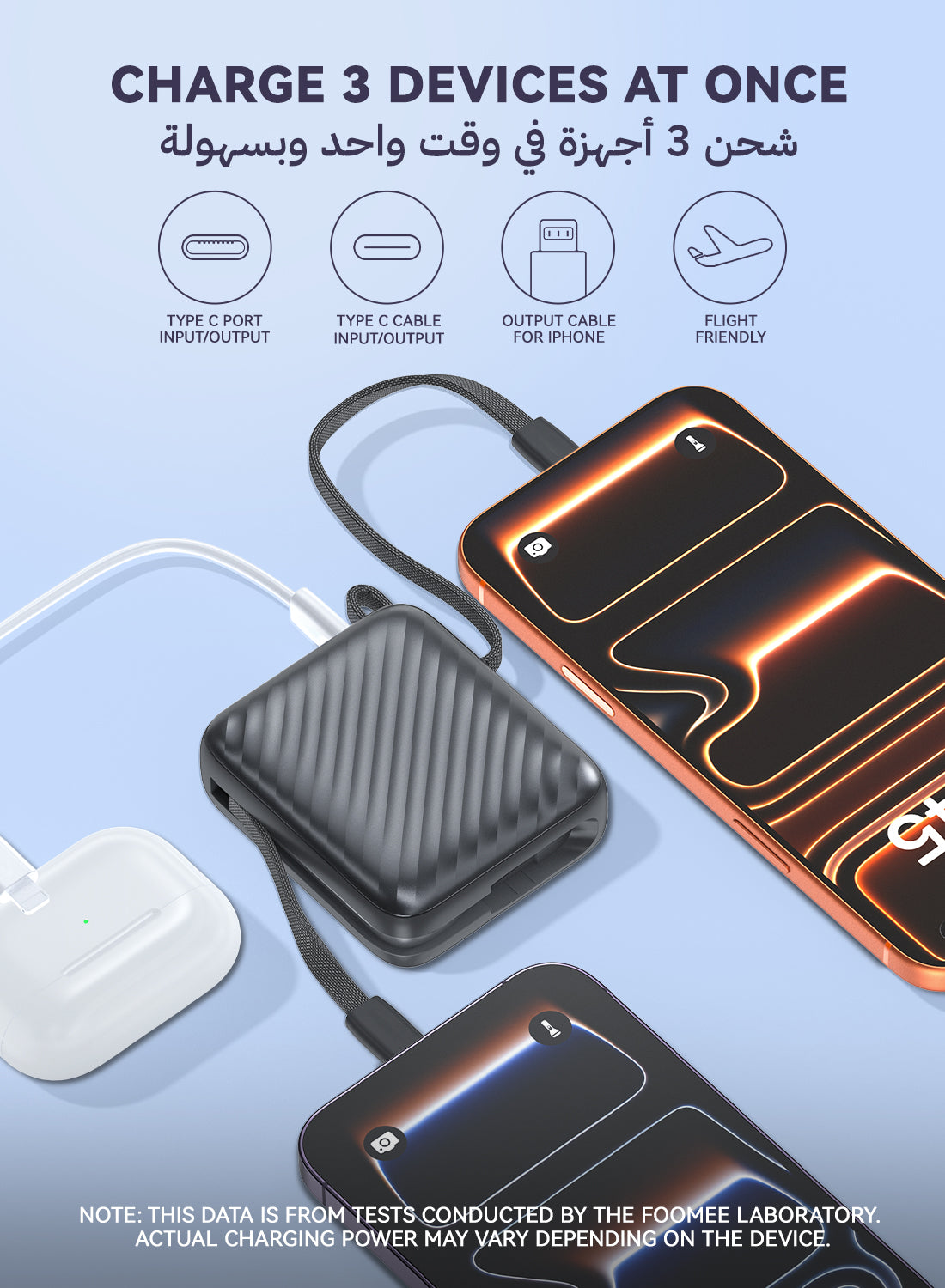 FOOMEE 10000mAh S Series Ultra Mini Power Bank,22.5W Fast Charging With Built-In USB-C Cable and Built-In ligthning Cable