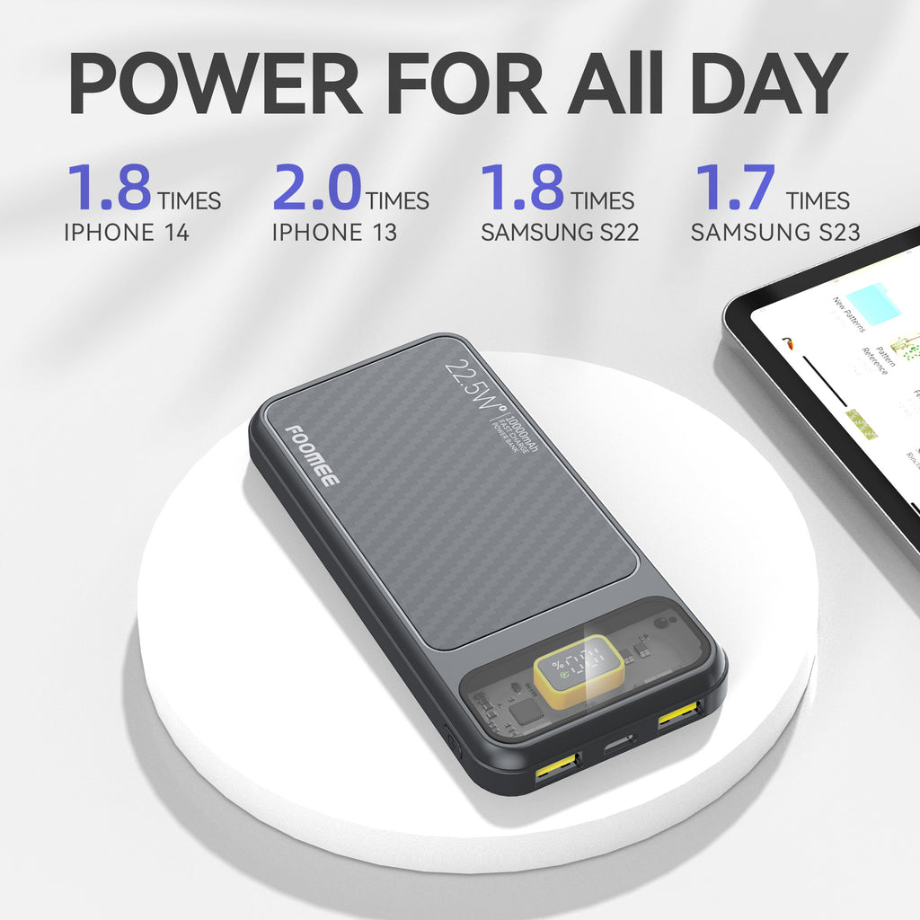 FOOMEE 10000mAh 22.5W Fast Charging Power Bank,Ultra Slim Portable Charger with LED Display, Dual USB & Type-C
