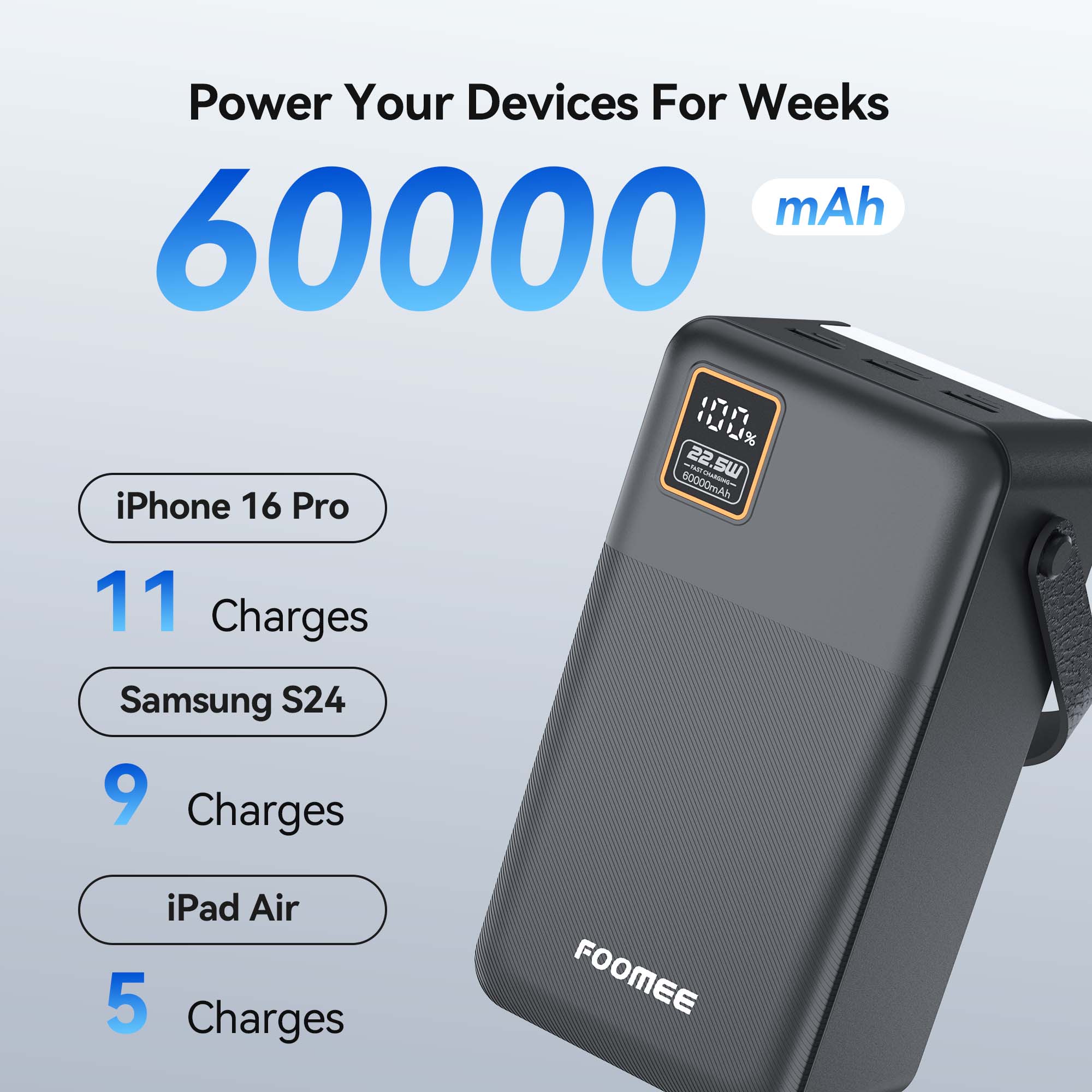 FOOMEE 60,000 mAh 22.5w Fast Charging Power Bank with Flashlight, Type-C, Built-in Strap AF60