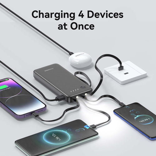 FOOMEE 10000mAh Portable Power Bank,Dual Light,Built-in Type-C Cable,5 Output AB15