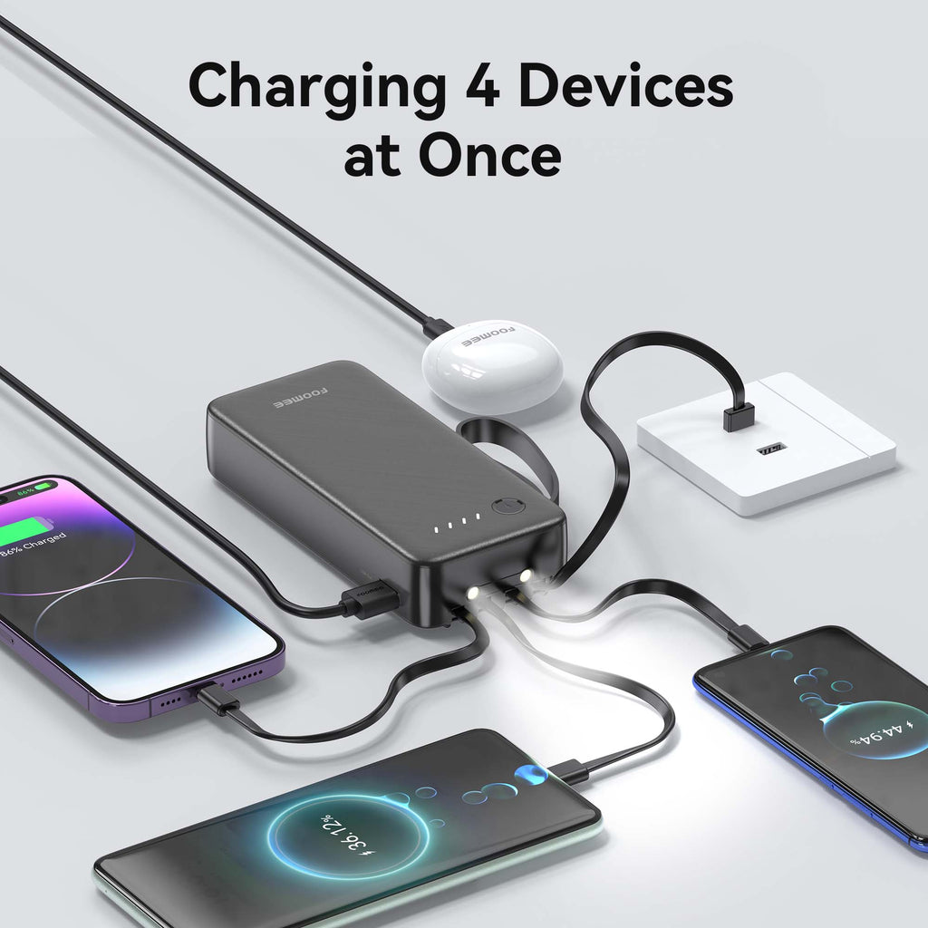 FOOMEE 20000mAh Portable Power Bank,Dual Light,Built-in Type-C Cable,5 Output AB25