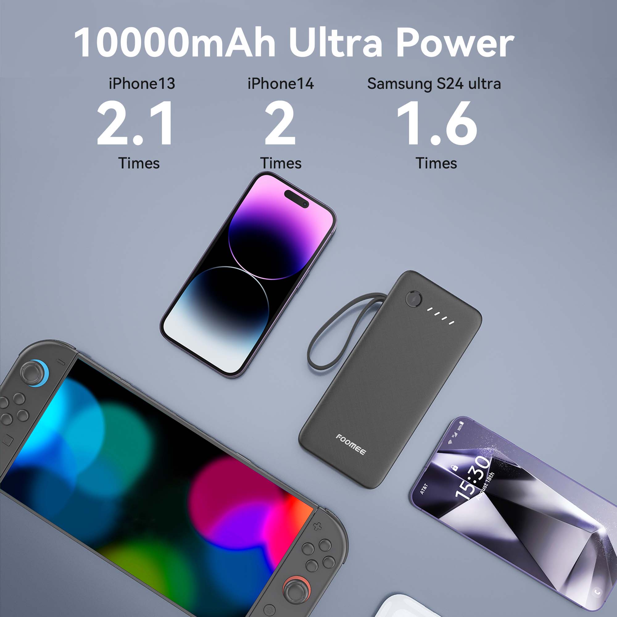 FOOMEE 10000mAh Portable Power Bank,Dual Light,Built-in Type-C Cable,5 Output AB15