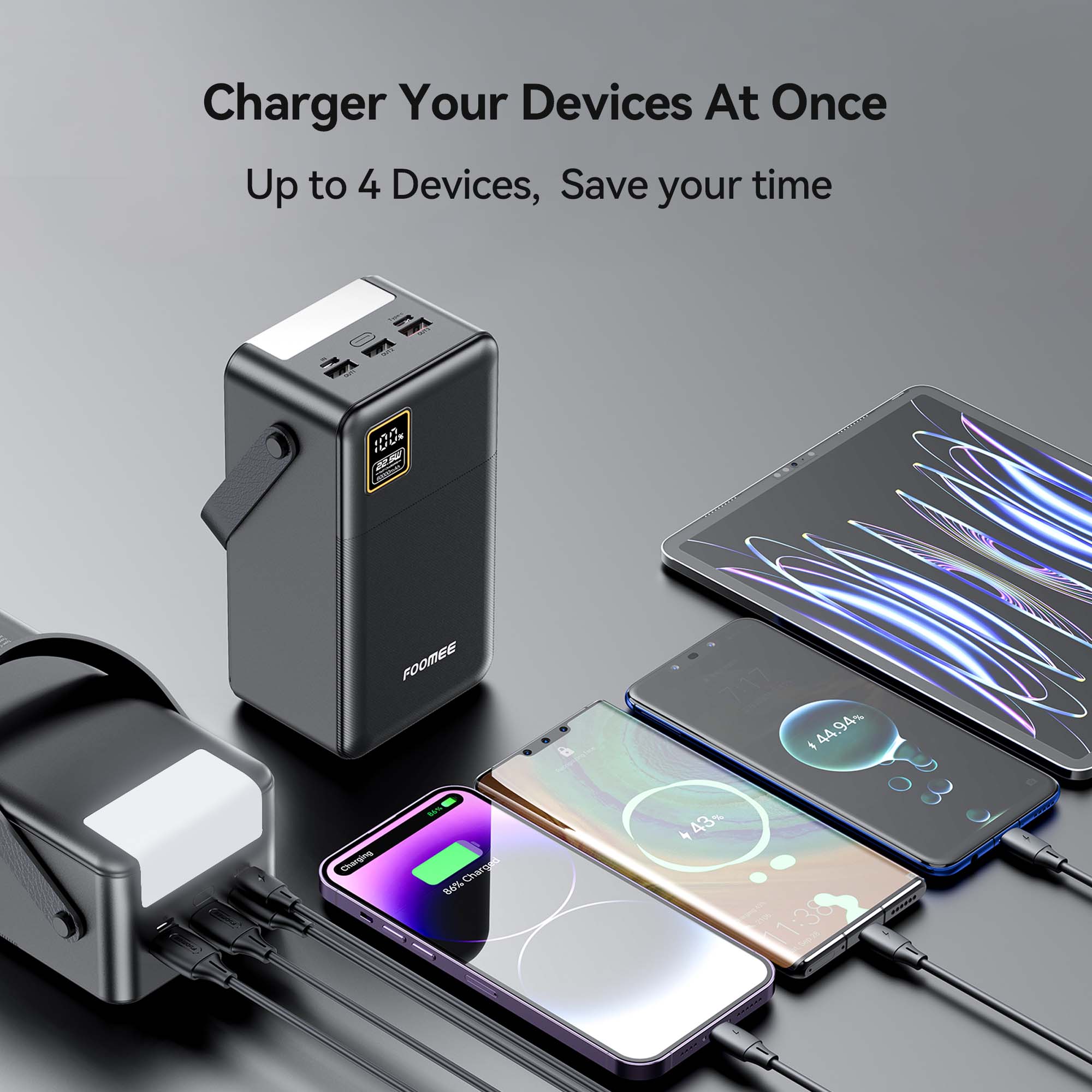 FOOMEE 60,000 mAh 22.5w Fast Charging Power Bank with Flashlight, Type-C, Built-in Strap AF60