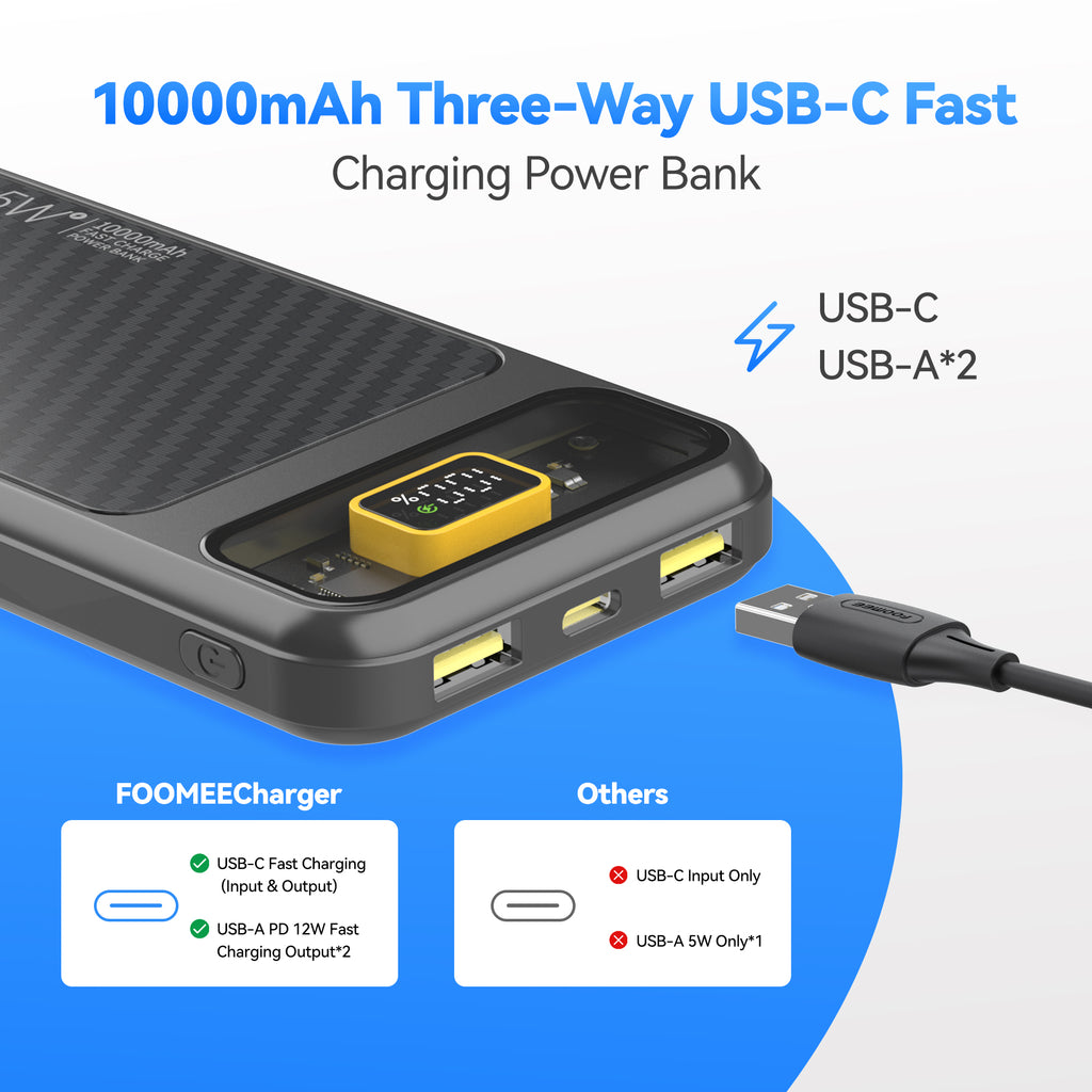 FOOMEE 10000mAh 22.5W Fast Charging Power Bank,Ultra Slim Portable Charger with LED Display, Dual USB & Type-C