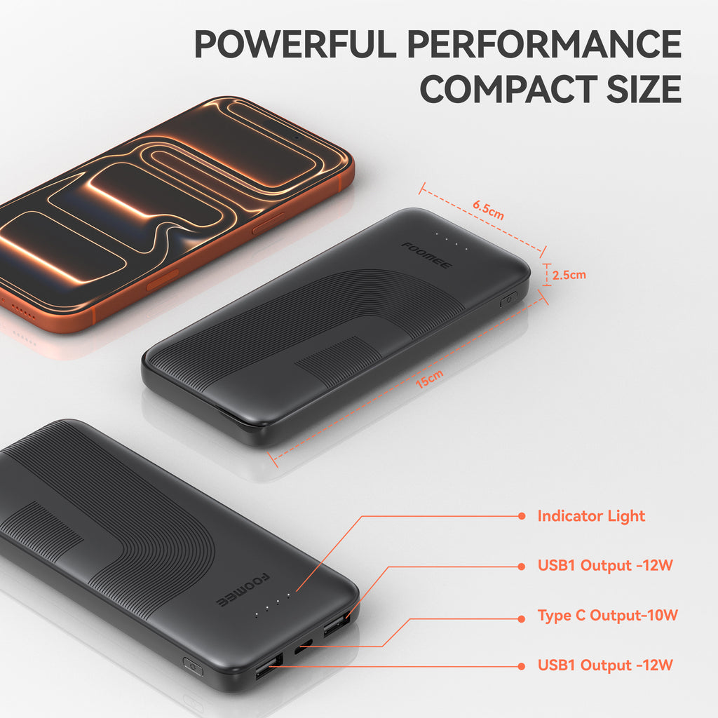 FOOMEE 10000mAh 12W Muti-Port Portable Power Bank Ultra Slim with  Indicator, AB11