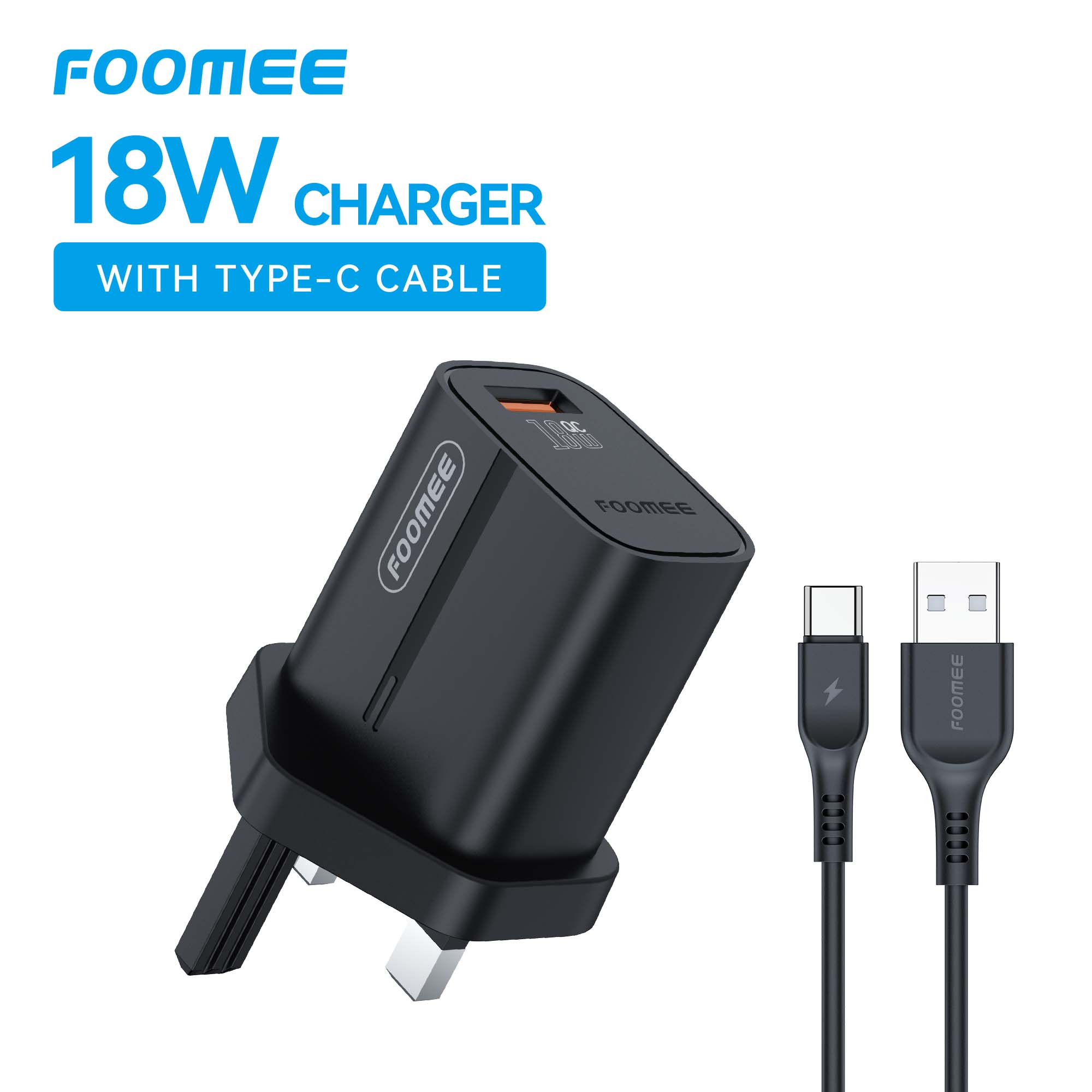 FOOMEE 18W Super Fast Charger USB-A Output+ Type-C Cable For Phones, Power Banks and Other Type-C device