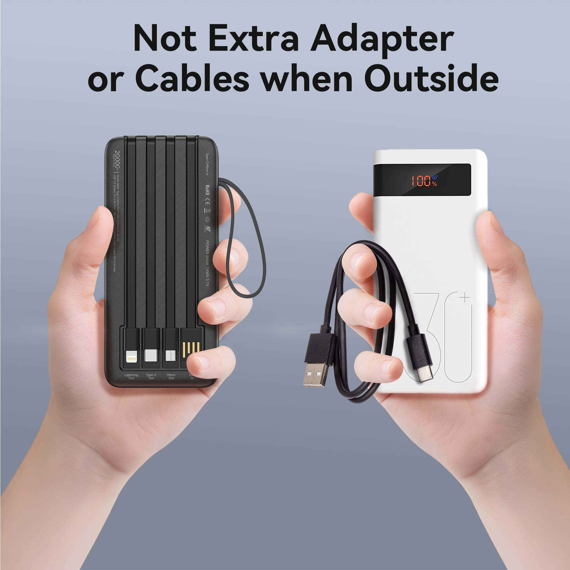 FOOMEE 20000mAh Portable Power Bank,Dual Light,Built-in Type-C Cable,5 Output AB25