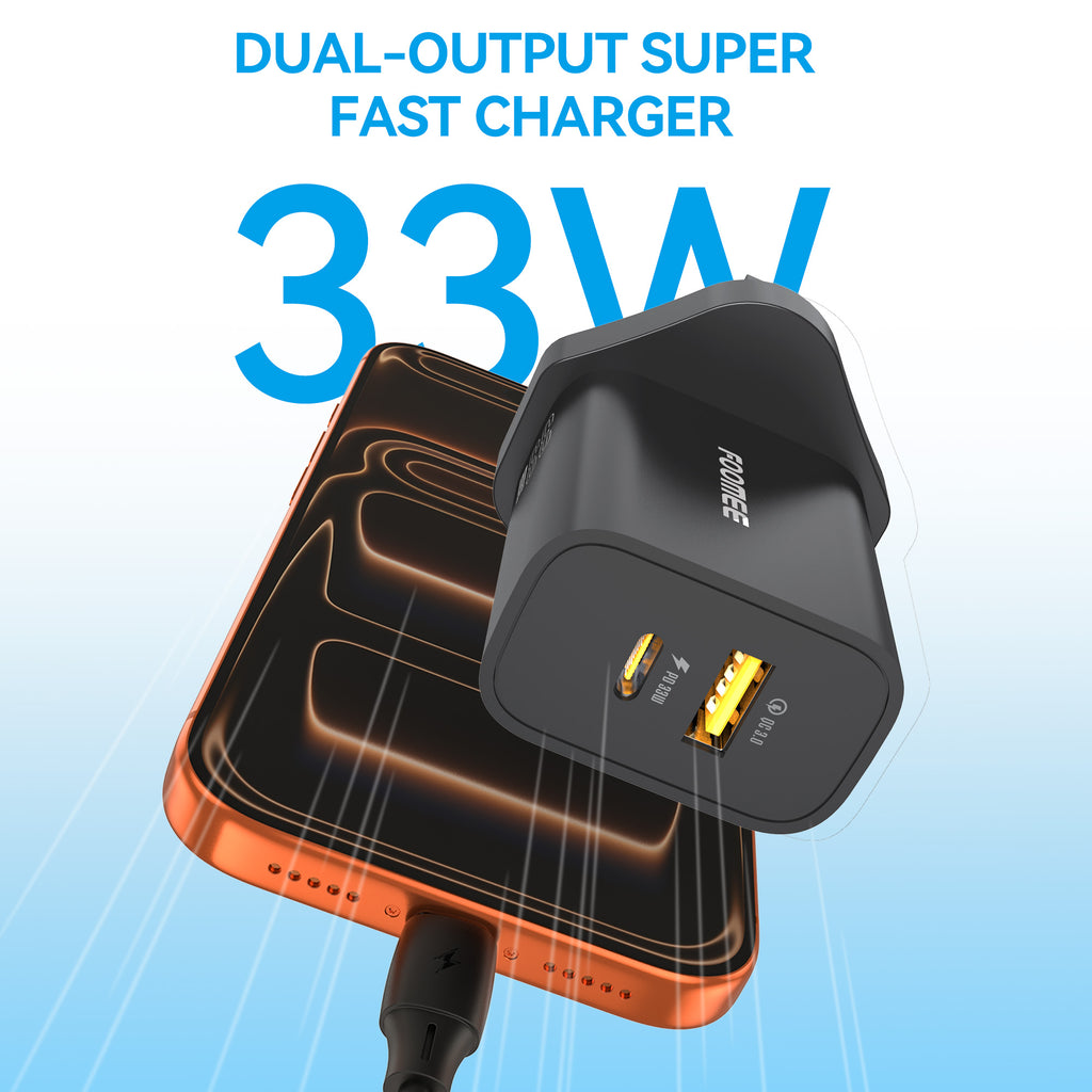 FOOMEE 33W GaN Super Fast Charger,USB-A & Type-C Dual Output,With Free Type-C Cable,for Iphone,Android,etc.