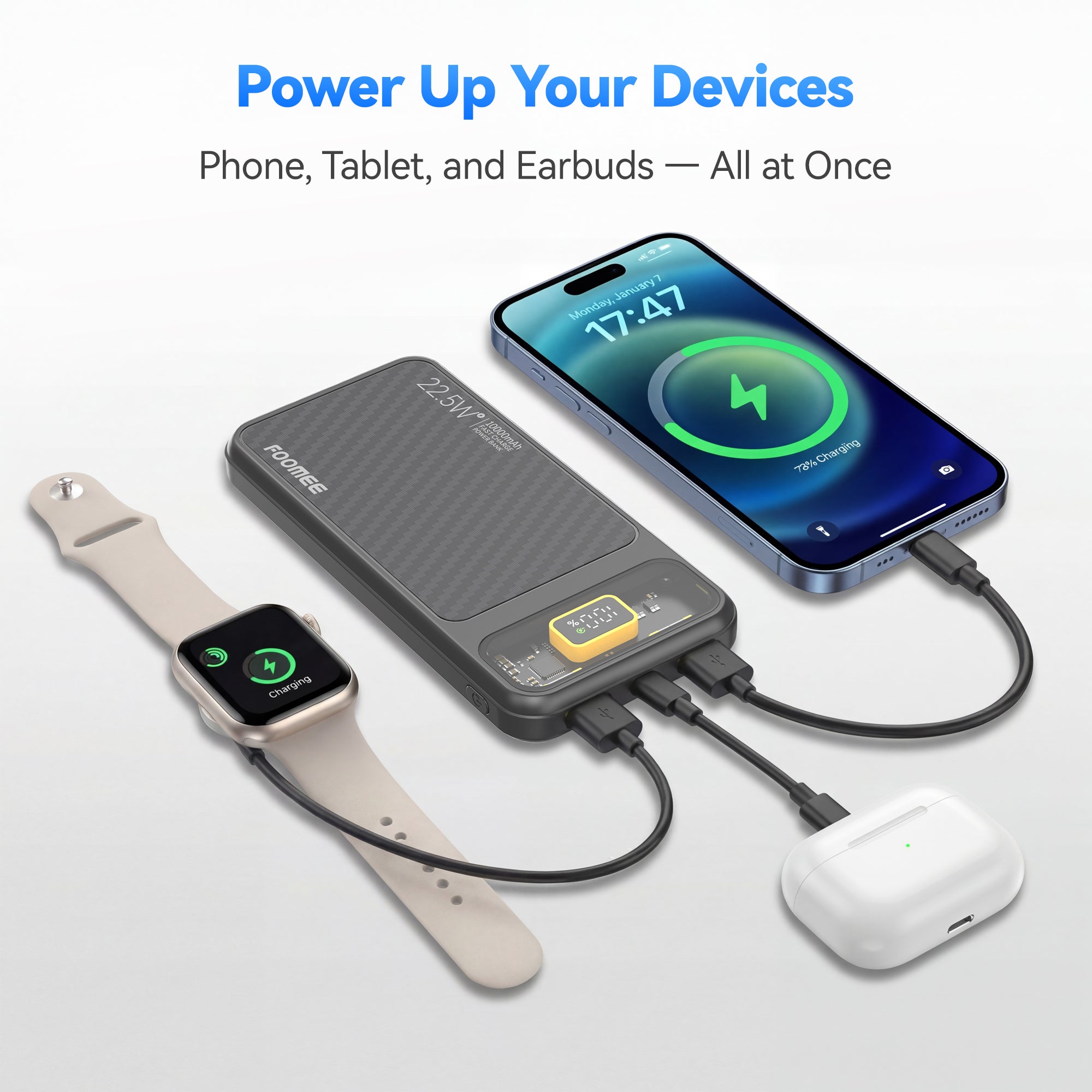 FOOMEE 10000mAh 22.5W Fast Charging Power Bank,Ultra Slim Portable Charger with LED Display, Dual USB & Type-C