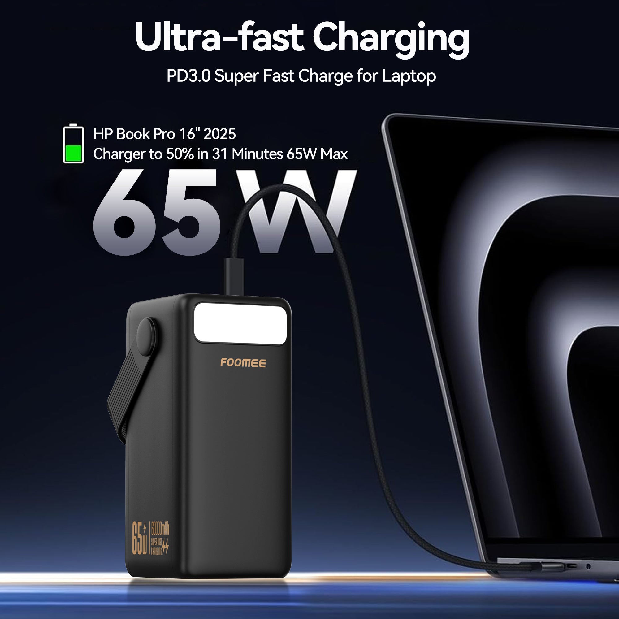 FOOMEE 60,000mAh 65w Type-C Fast Charging Power Bank with Flashlight, Digital Display and Built-in Strap, For Laptop, Phone,Tablet AA65