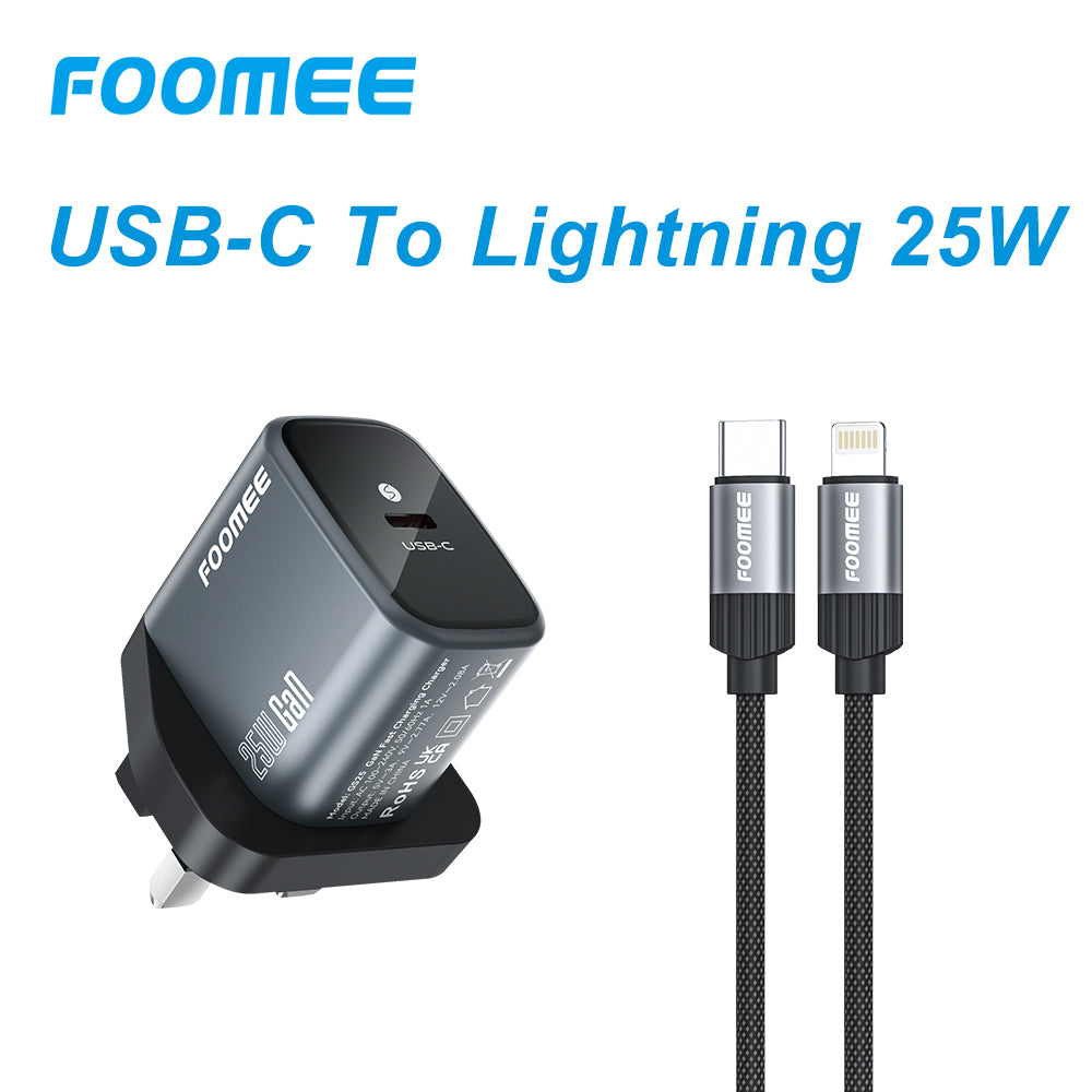 FOOMEE 25W USB-C Fast Charger with USB-C to Lightning Cable, GaN Charger for iPhone