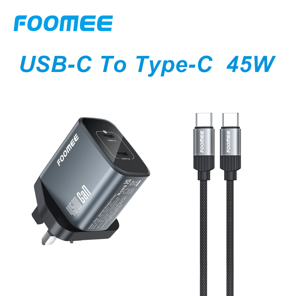 FOOMEE 45W Fast Charger, GaN Dual USB C Port Charger with USB-C Cable USB-C