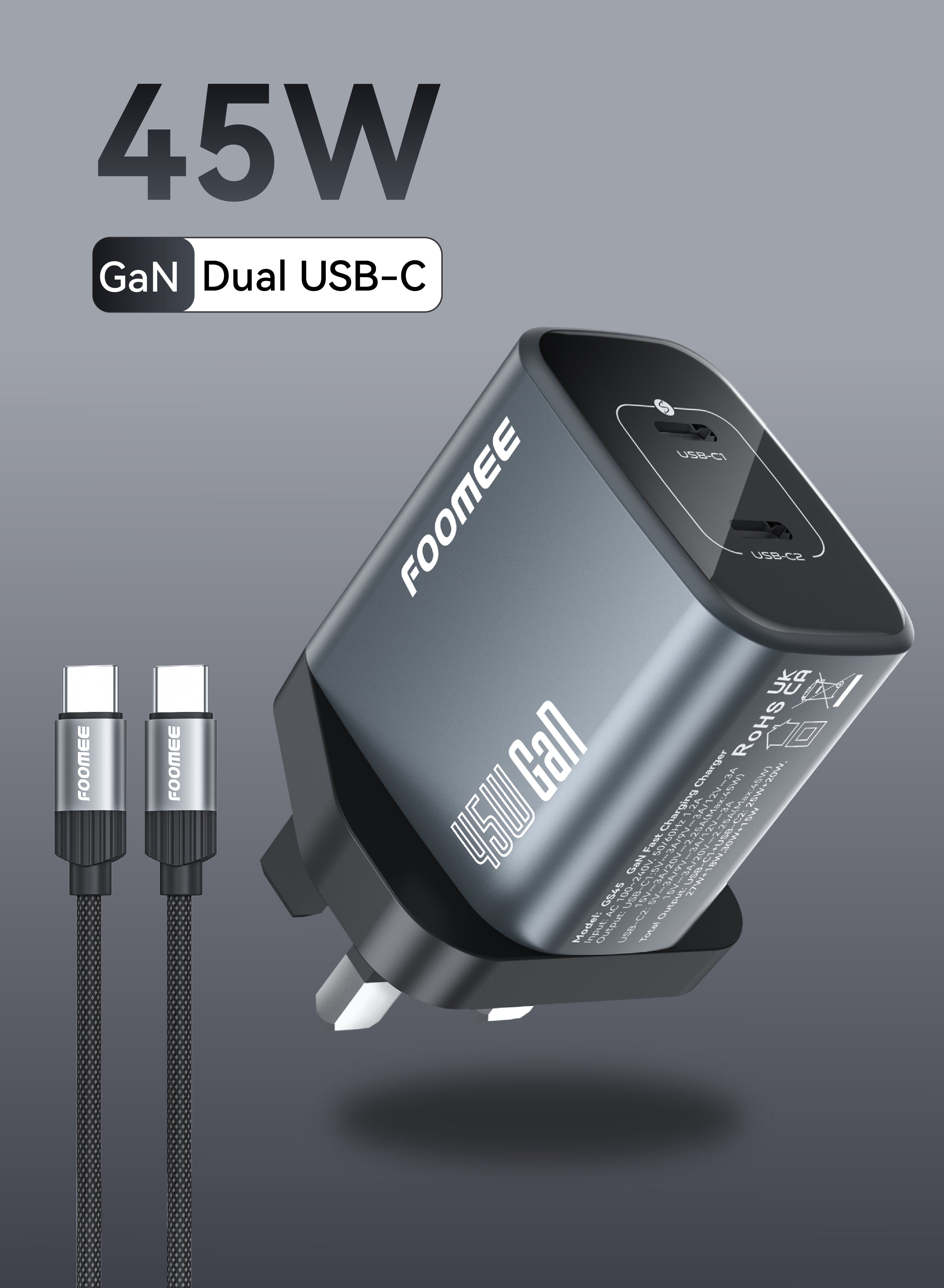 FOOMEE 45W Fast Charger, GaN Dual USB C Port Charger with USB-C Cable USB-C