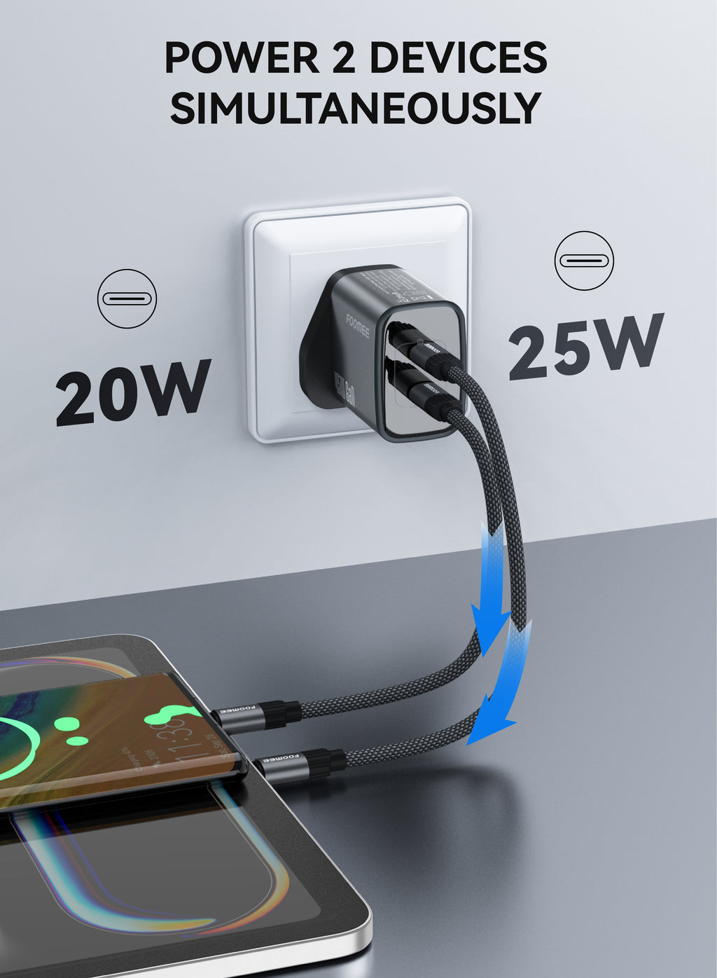 FOOMEE 45W Fast Charger, GaN Dual USB C Port Charger with USB-C Cable USB-C