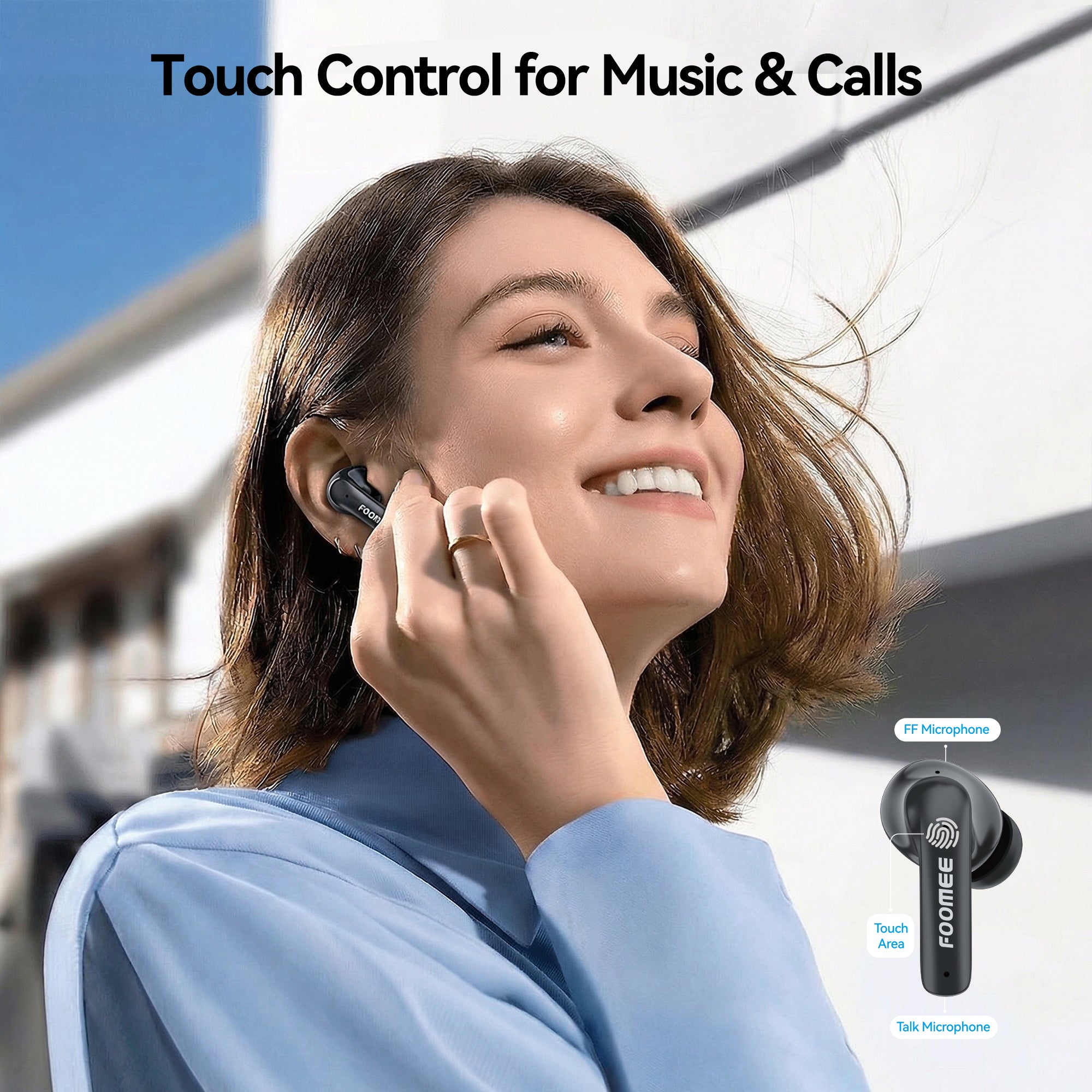 FOOMEE Earbuds with Touch Control, Crystal Clear Calls, Super Bass, Compatible with iOS & Android PA02