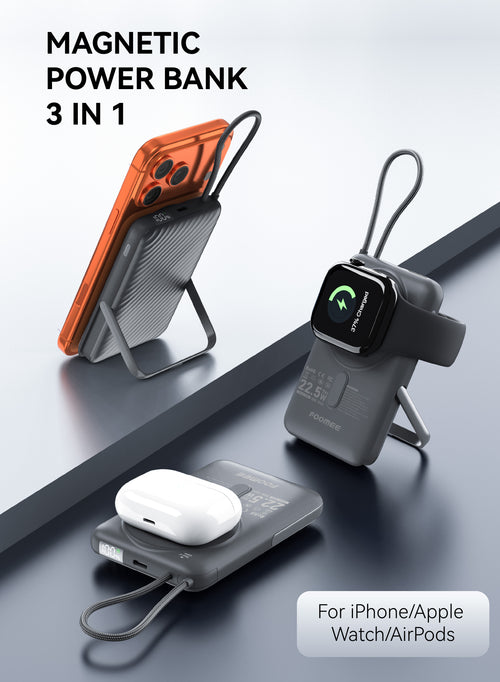 FOOMEE 10000mAh S Series Magnetic Wireless Power Bank with bracket LED Display Built-in 22.5W USB-C Cable