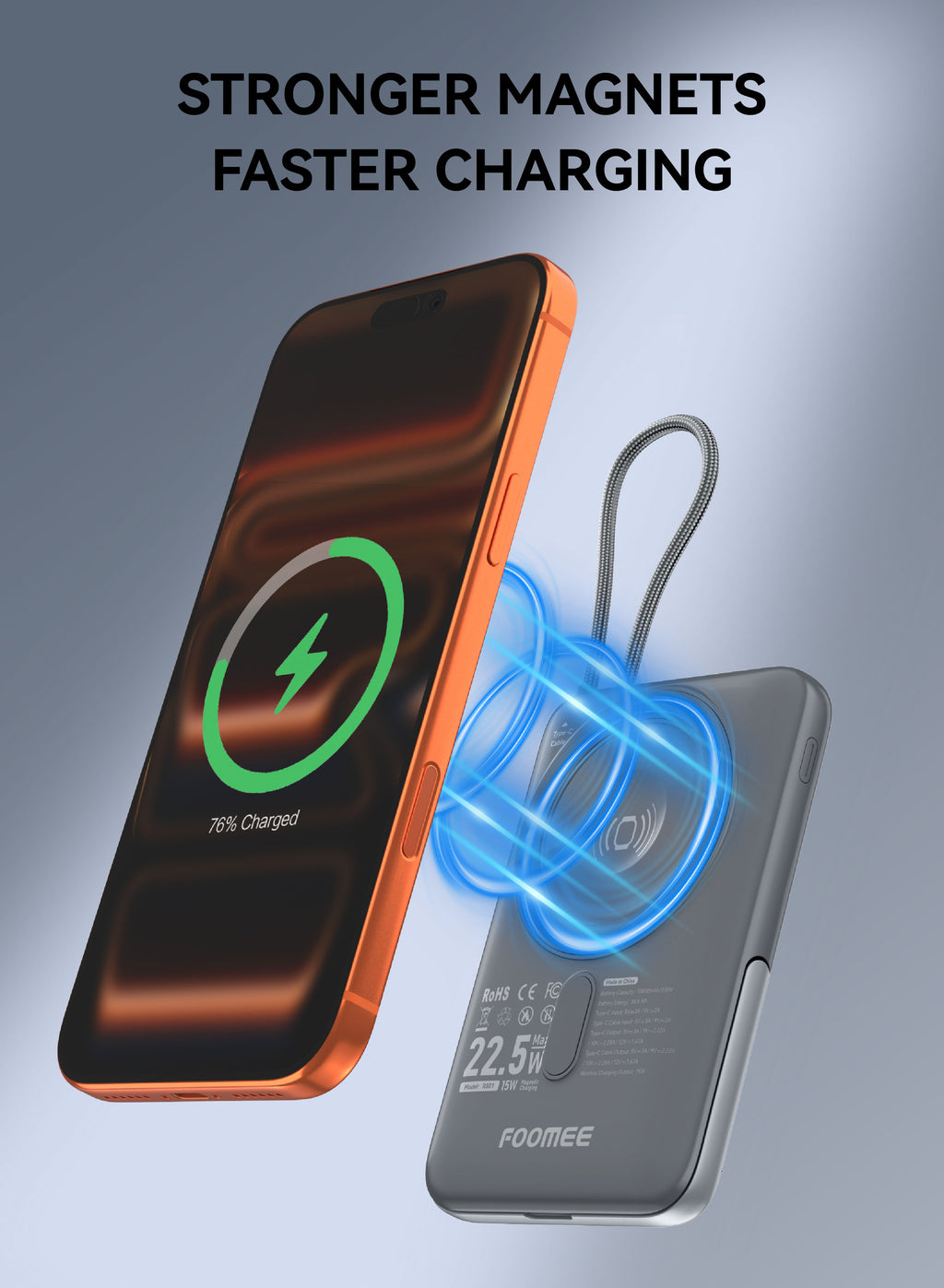 FOOMEE 10000mAh S Series Magnetic Wireless Power Bank with bracket LED Display Built-in 22.5W USB-C Cable