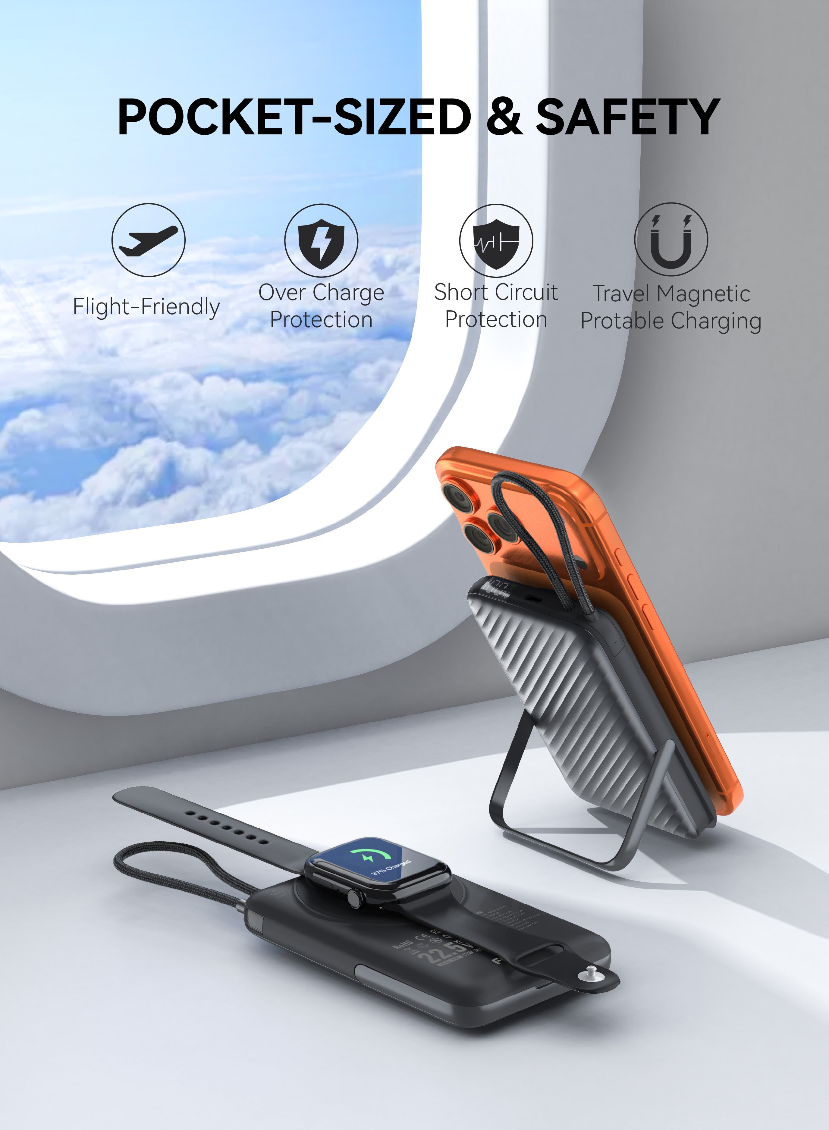 FOOMEE 10000mAh S Series Magnetic Wireless Power Bank with bracket LED Display Built-in 22.5W USB-C Cable